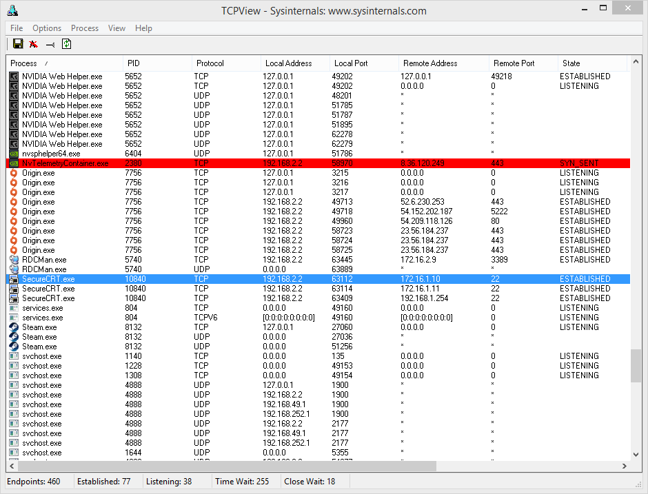 TCPView connection list with process details and color-coded status