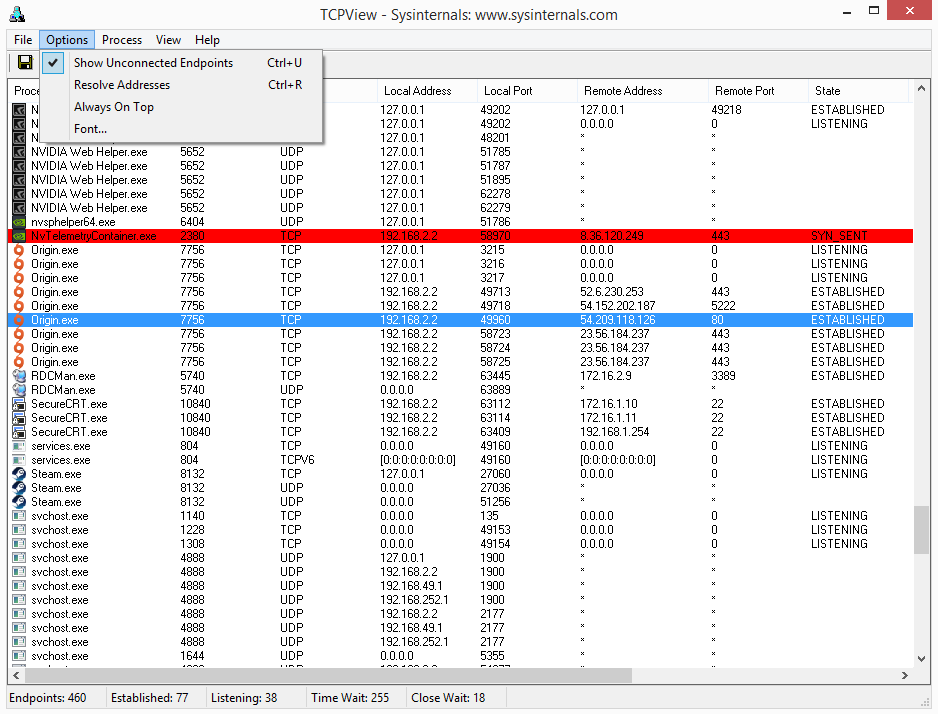 TCPView options and refresh rate configuration menu
