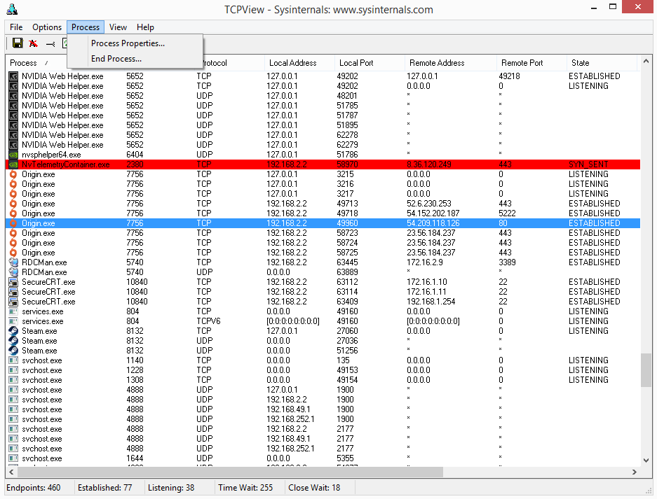 TCPView process management and right-click context menu